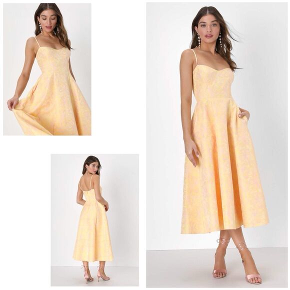 Lulus Dresses & Skirts - Lulus Meet for Tea Dress Women's S Yellow Jacquard Bustier Midi Pockets NWT